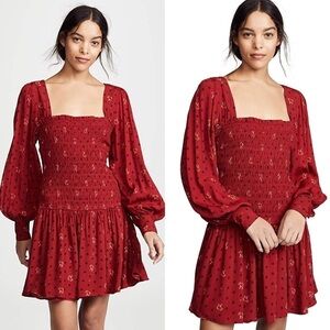 Free People Ruby Red Printed Long Sleeve Two Face Mini Dress